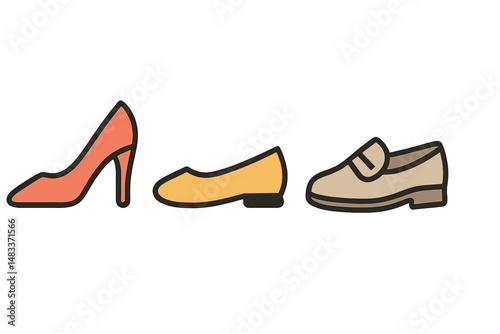 Colorful shoe silhouettes on gradient background: red heel, yellow flat, beige loafer colored vector illustration