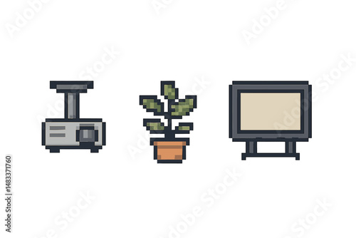 Pixel art electronics and plant icons - projector, potted plant, television set colored vector illustration