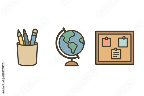 Colorful icons of pencil holder, globe, and pinboard on gradient background colored vector illustration