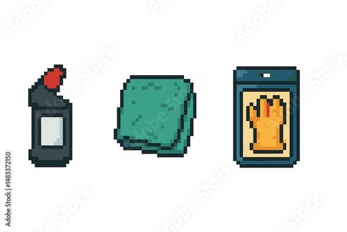 Pixel art cleaning supplies: detergent, sponge, gloves icon set colored vector illustration