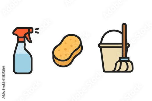 Cleaning icons - spray bottle, sponge, mop and bucket on gradient background colored vector illustration