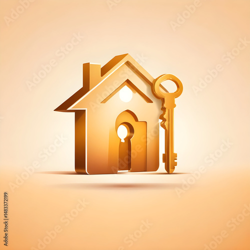 Golden House and Key Icon On White Baground 