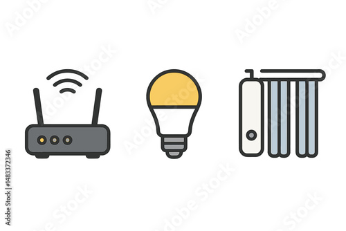Smart home technology icons: wi-fi router, light bulb, heater colored vector illustration