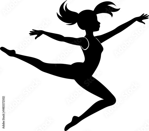 split jump girl gymnast black silhouette on transparent background