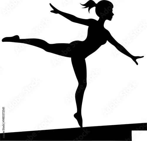 black Silhouette of female gymnast on balance beam on transparent background