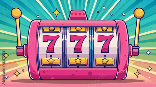 Lucky 777 Slot Machine Jackpot Win Vibrant Retro Design Pink Golden Accents Casino Fun