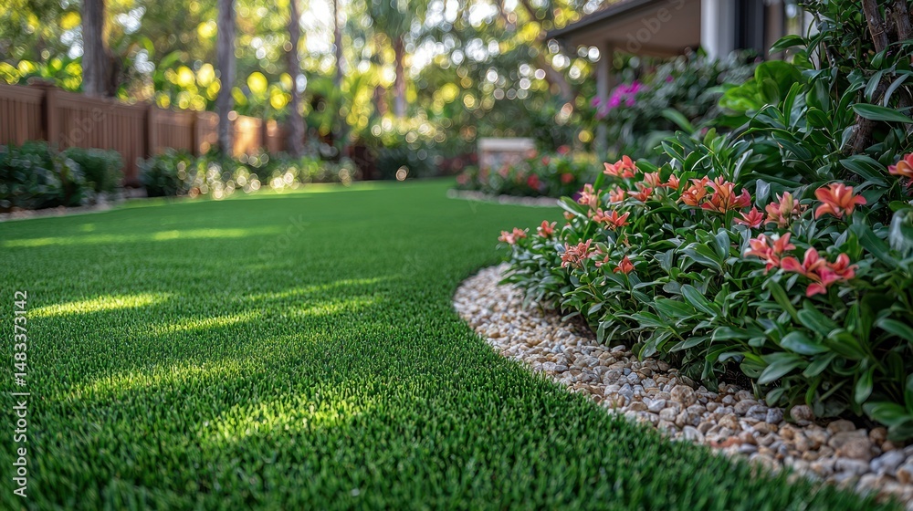 Obraz premium Lush green lawn edges a garden with flowers and pebble border