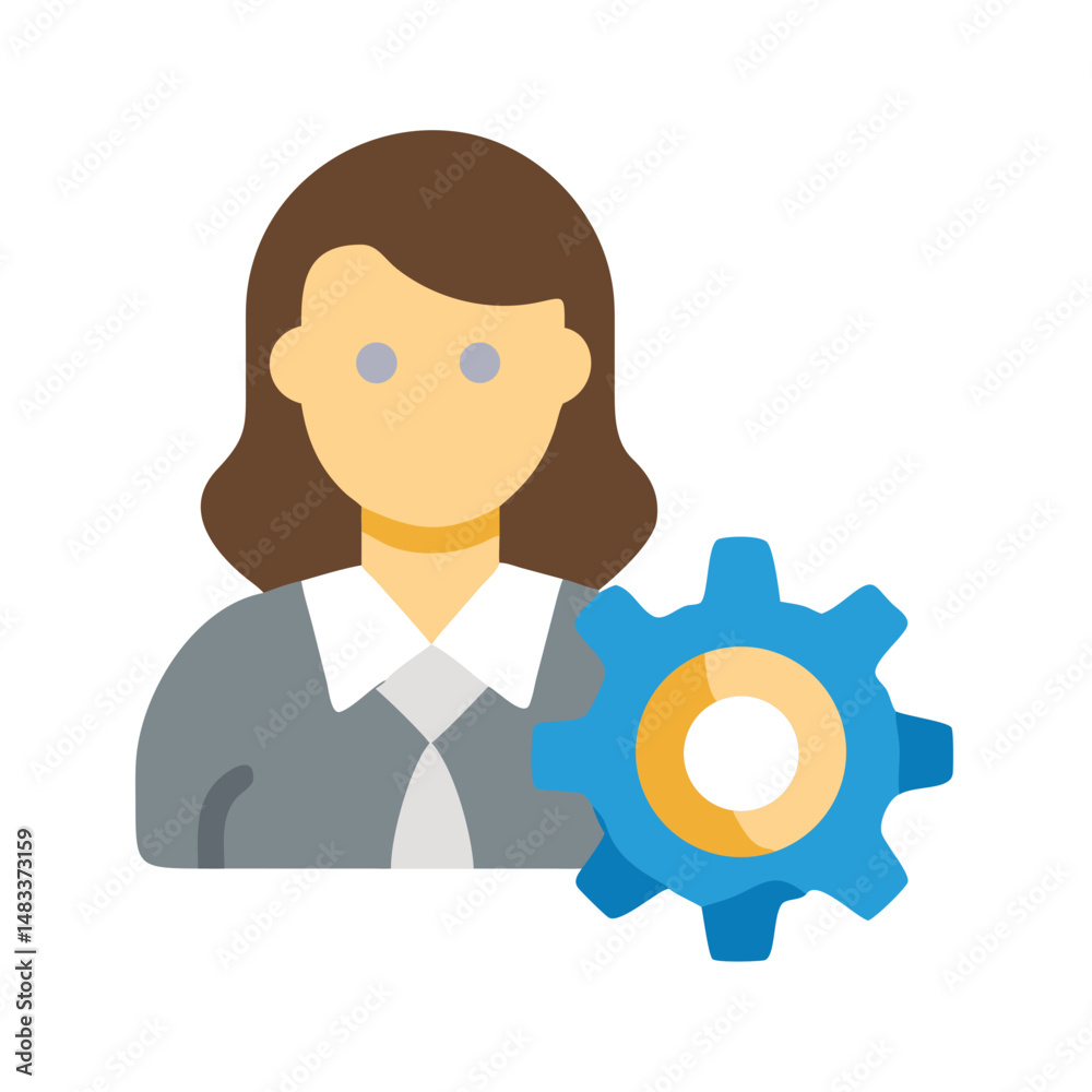 Woman with Gear Icon Representing Female Leadership in Technology or System Management Woman with Gear Icon Representing Female Leadership in Technology or System Management