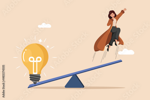 The Power of Ideas. A Bright Light Bulb on One End of a Seesaw Lifting a Confident Woman into the Air on the Other.