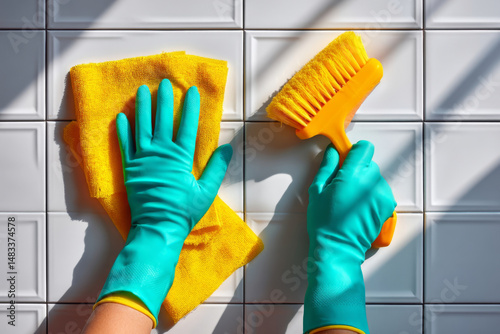 Gloved hands scrubbing white tiles with yellow brush and cloth in sunlight