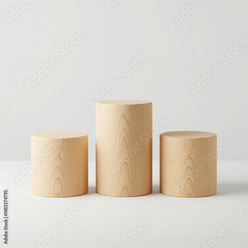 Cylindrical wooden display pedestal set on white background