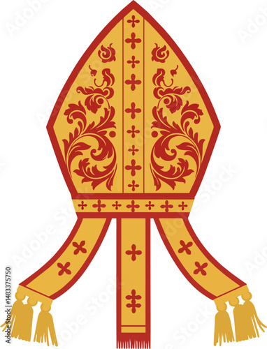 Ornate Catholic Bishop Mitre Vector with Gold Tassels and Red Floral Design – Liturgical Vestment Illustration