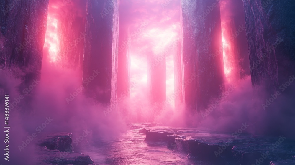 Fototapeta premium A vibrant, ethereal, glowing passageway through a rocky landscape.