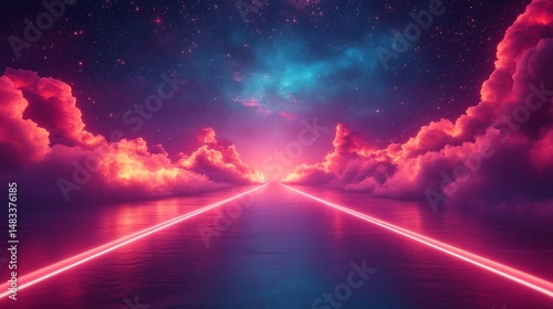 Pink and blue futuristic pathway through clouds at night.
