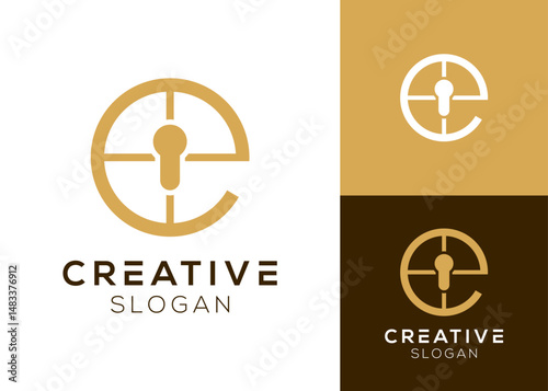 Logo keyhole window. Letter E with window and keyhole logo design