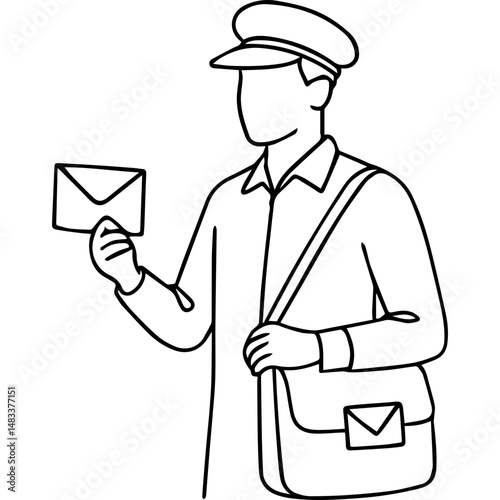 Mail carrier holding envelope in line art style
