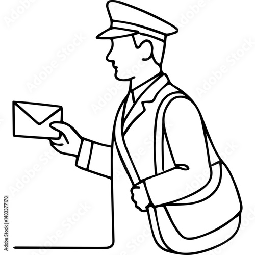 Postman holding envelope in line art style
