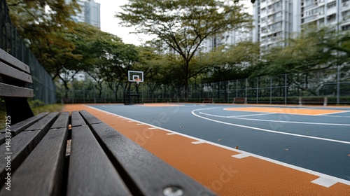 Fototapeta Naklejka Na Ścianę i Meble -  Empty wooden bench overlooks a vibrant basketball court in a city park surrounded by trees and buildings on a calm day