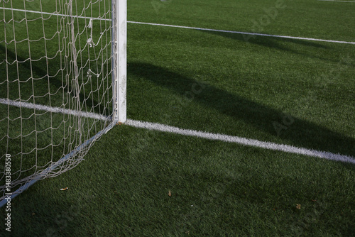 Artificial turf soccer field where we can see the goals, the corner with its flag, and the white lines.