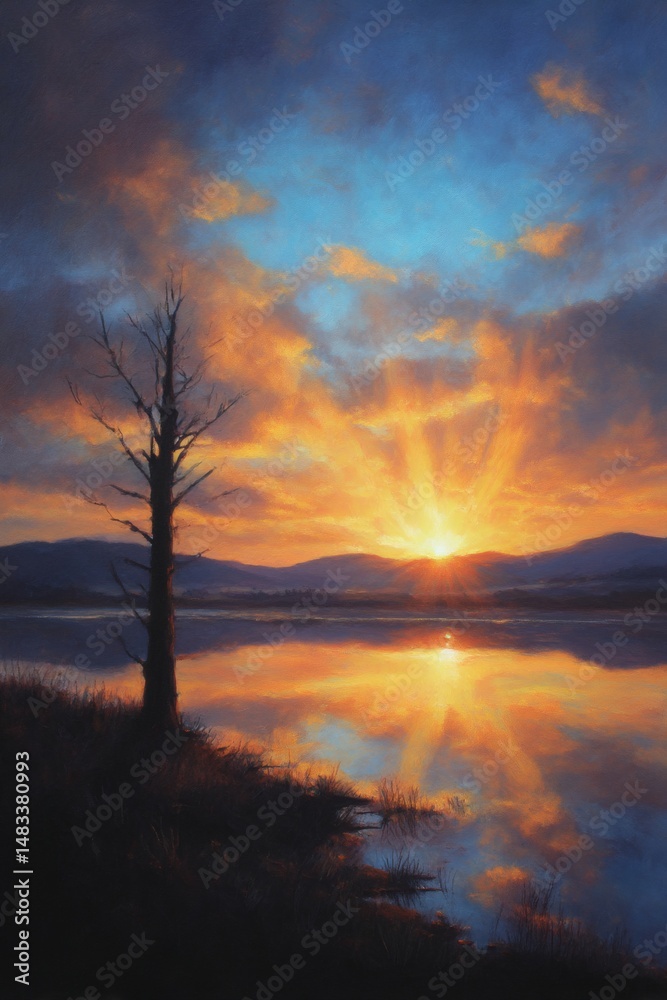 Fototapeta premium Blurred sunset over tranquil waterscape abstract background