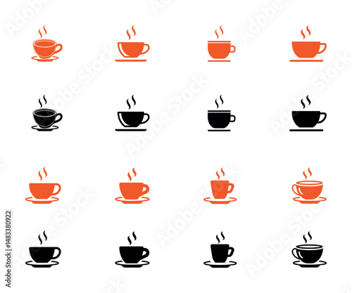 A vector set features a cup of hot coffee alongside a collection of coffee cups, perfect icons for a cafe or restaurant menu illustration. coffee mug tea cup