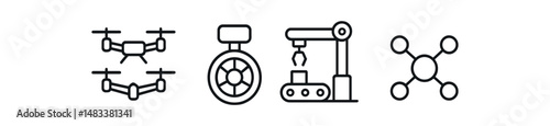 Minimalist drone, gauge, robotic arm, and quadcopter icons vector icon isolated