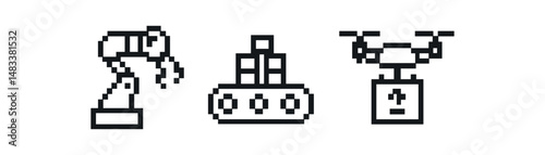 Pixel art icons of robotic arm, conveyor belt, and drone technology vector icon isolated