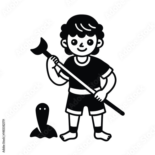 Boy with Spear Hunting Cartoon Illustration, Simple Design