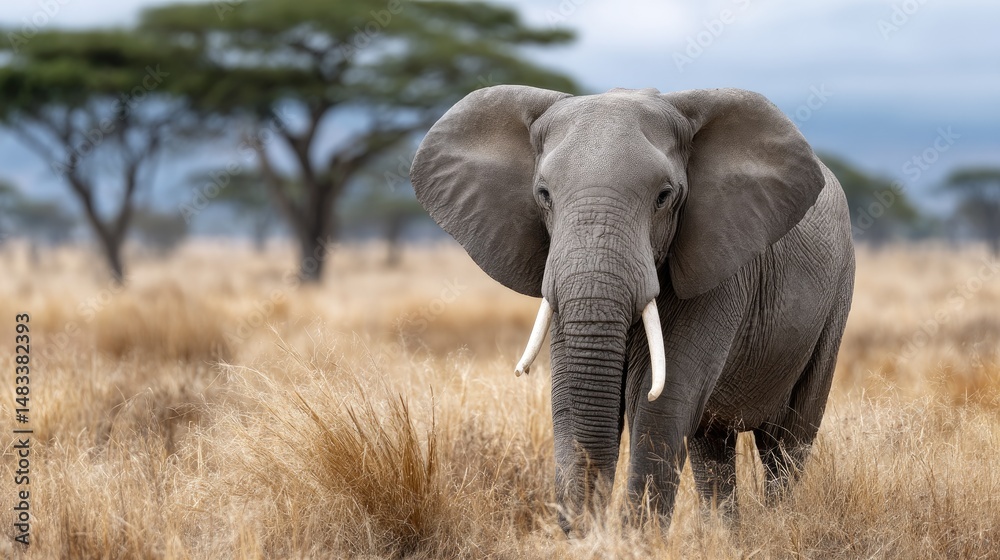 Obraz premium Elephant gracefully moves through tall grasses in the savannah, trunk raised and ears flapping in a serene environment