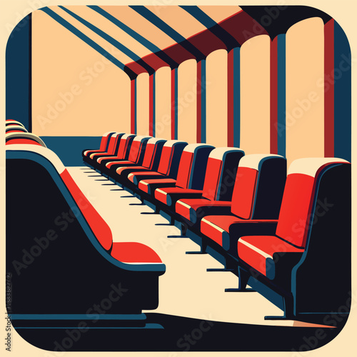 A vintage-inspired illustration of a waiting area, likely in a train or bus.