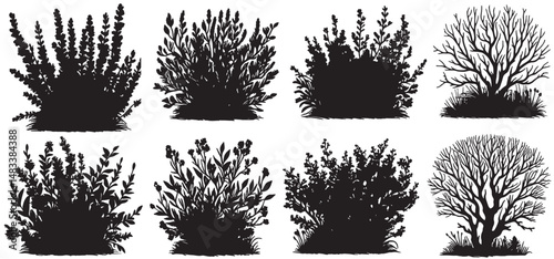 Set of bush grass shrub silhouette vector transparent background, decorative garden plants set