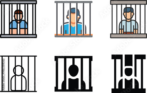 Prison Bars Icon Set Featuring Inmate And Locked Cell Illustrations