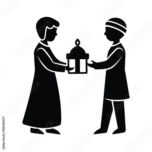 Islamic Gift Exchange Children Sharing Festive Lantern Present