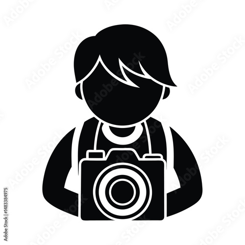 Photographer Icon Person with Camera, Black Silhouette, Digital Image