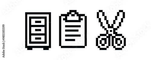 Pixel art icons: drawer, clipboard, scissors in black and white vector icon isolated