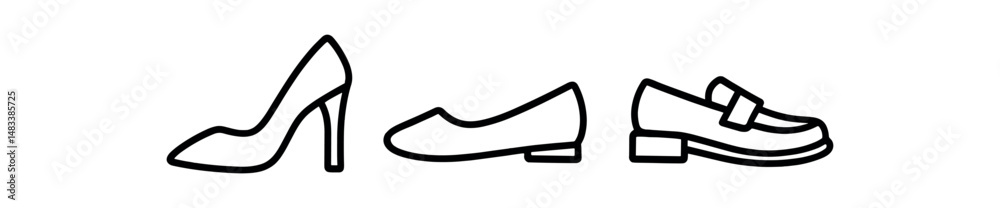 Outline icons of high heel, flat, and loafer shoes vector icon isolated