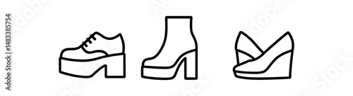 Black and white shoe icons: platform, boot, and heel illustrations vector icon isolated