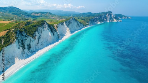 Fototapeta Naklejka Na Ścianę i Meble -  Picturesque coastal cliffs, turquoise water, white sand beach