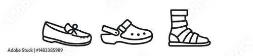 Illustration of various shoe styles: ballet flat, clog, gladiator sandal vector icon isolated