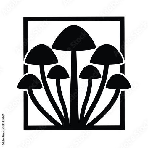 Stylized Black Mushroom Cluster, Framed, Botanical Art, Fungi Icon