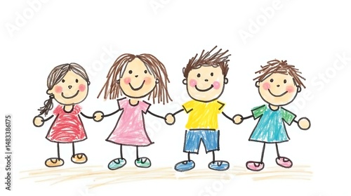 Playful and vibrant artwork depicting four cheerful children holding hands. Ideal for concepts of friendship, teamwork, togetherness, and childhood. Pencil-style drawing combines simplicity and charm