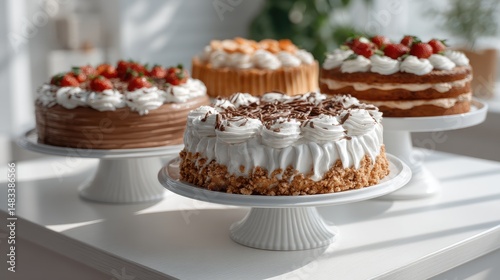Delicious assortment of cakes and pastries served with coffee cups on an elegantly set table illuminated by natural light