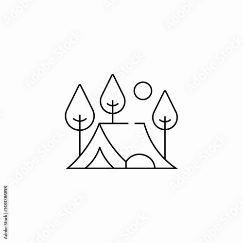 tent standing among three pine trees with sun and moon in background icon sign vector