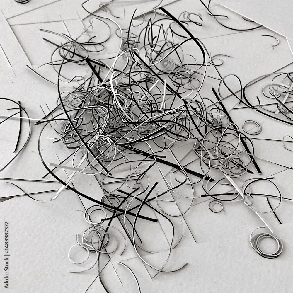 Black and White Paper Curls, paper shavings, abstract minimal background composition Black and White Paper Curls, paper shavings, abstract minimal background composition