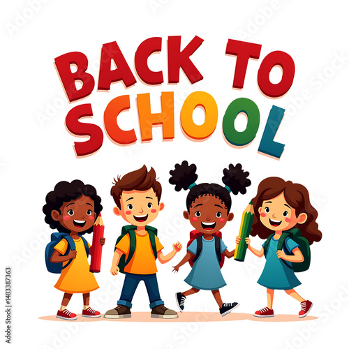 Four Cheerful Cartoon Kids with Pencils and Backpacks Under Back to School Sign