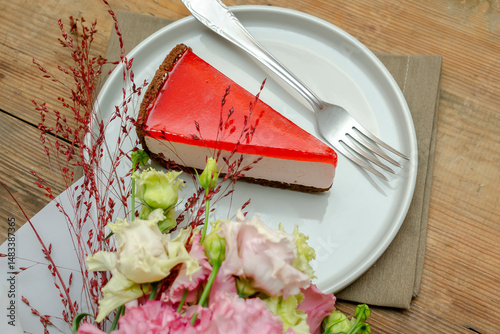Red jelly cheesecake, sweet dessert with flowers bouquet on background. gift to woman on March 8 holiday, valentine's day breakfast food, international Women's Day, romantic dinner