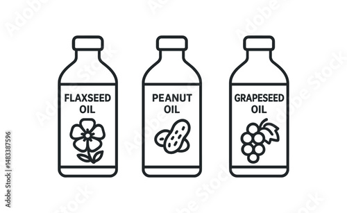 Flaxseed, peanut, and grapeseed oil bottles vector icons vector icon isolated