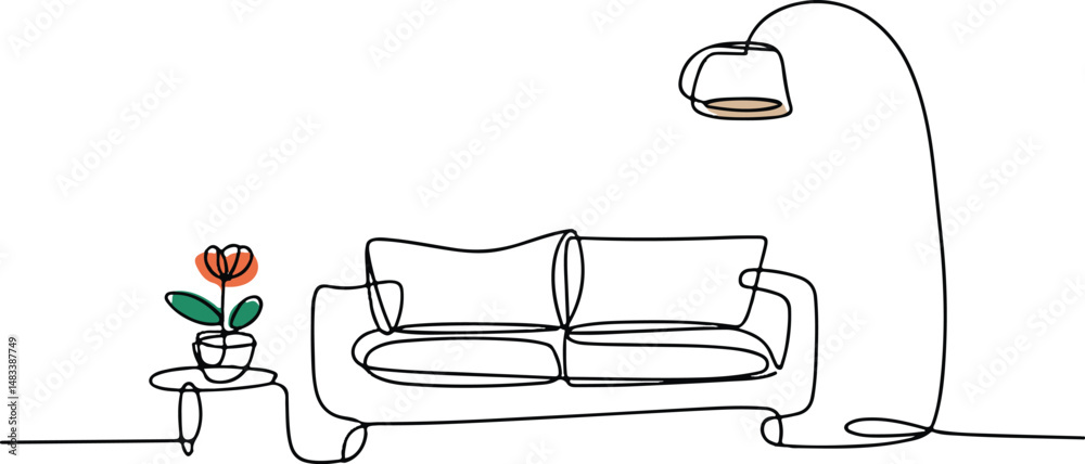 Living room in continuous line art drawing style with sofa, floor lamp, and potted flower. Minimal modern home interior sketch
Living room in continuous line art drawing style with sofa, floor lamp, and potted flower. Minimal modern home interior sketch