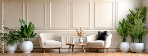 Light beige armchairs frame a wooden coffee table near large windows, creating a serene Scandinavian living space with urban views