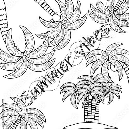 Coloring outline a scene of a tropical island, palm trees, coconuts, ocean wave. Coconut palm frame. Summer vibes. For entertaining, vacation banner, or coastline, summertime, tropics, outdoor design.